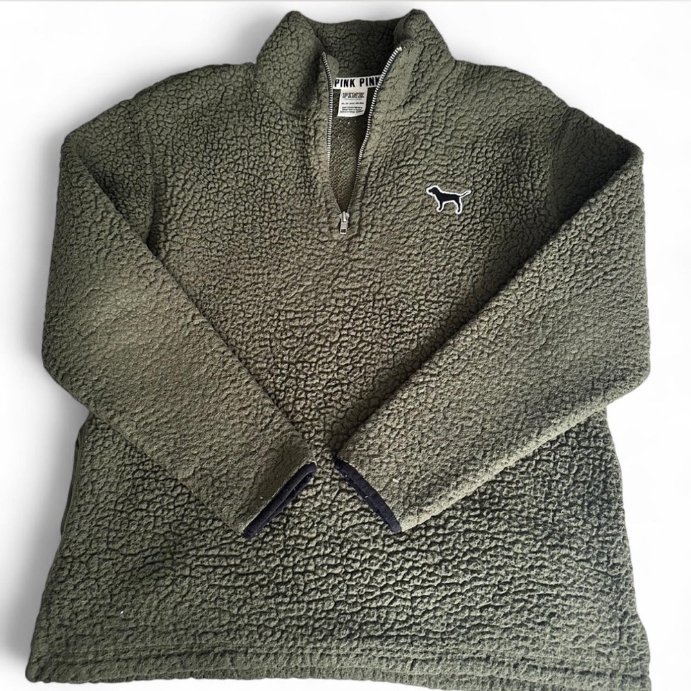 PINK Victoria's Secret Olive Green Sherpa Half-Zip Pullover